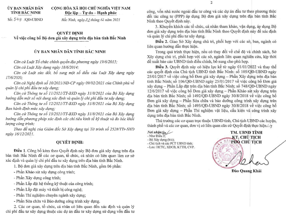 Ngày 22 tháng 12 năm 2021 Ủy ban nhân dân tỉnh Bắc Ninh ban hành Quyết định số 549/QĐ-UBND; công bố bộ đơn giá xây dựng trên địa bàn tỉnh Bắc Ninh