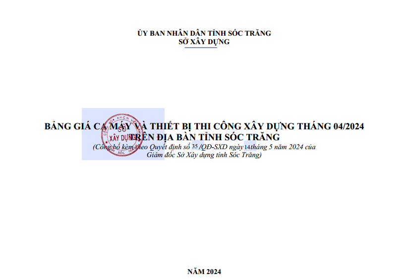 Bảng giá ca máy tỉnh Sóc Trăng tháng 4 năm 2024