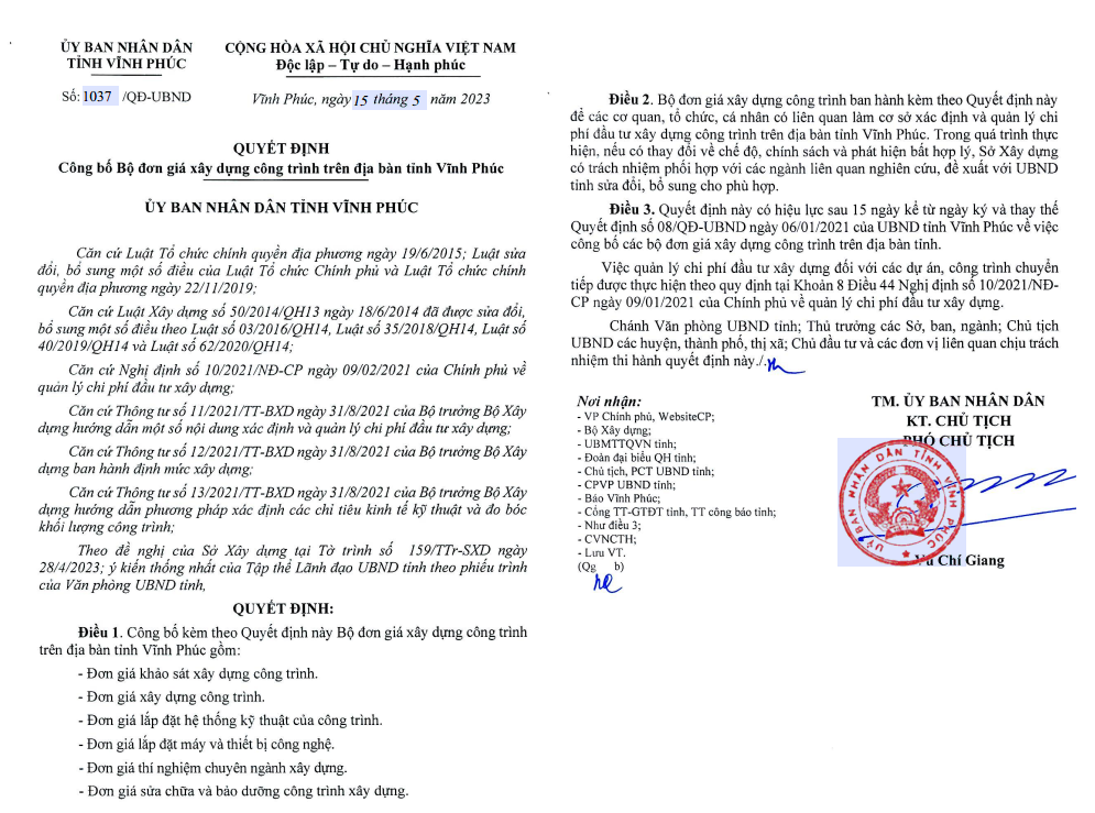 Ngày 15 tháng 5 năm 2023 Ủy ban nhân dân tỉnh Vĩnh Phúc ban hành Quyết định số 1037/QĐ-UBND; công bố Bộ đơn giá xây dựng công trình trên địa bàn tỉnh Vĩnh Phúc