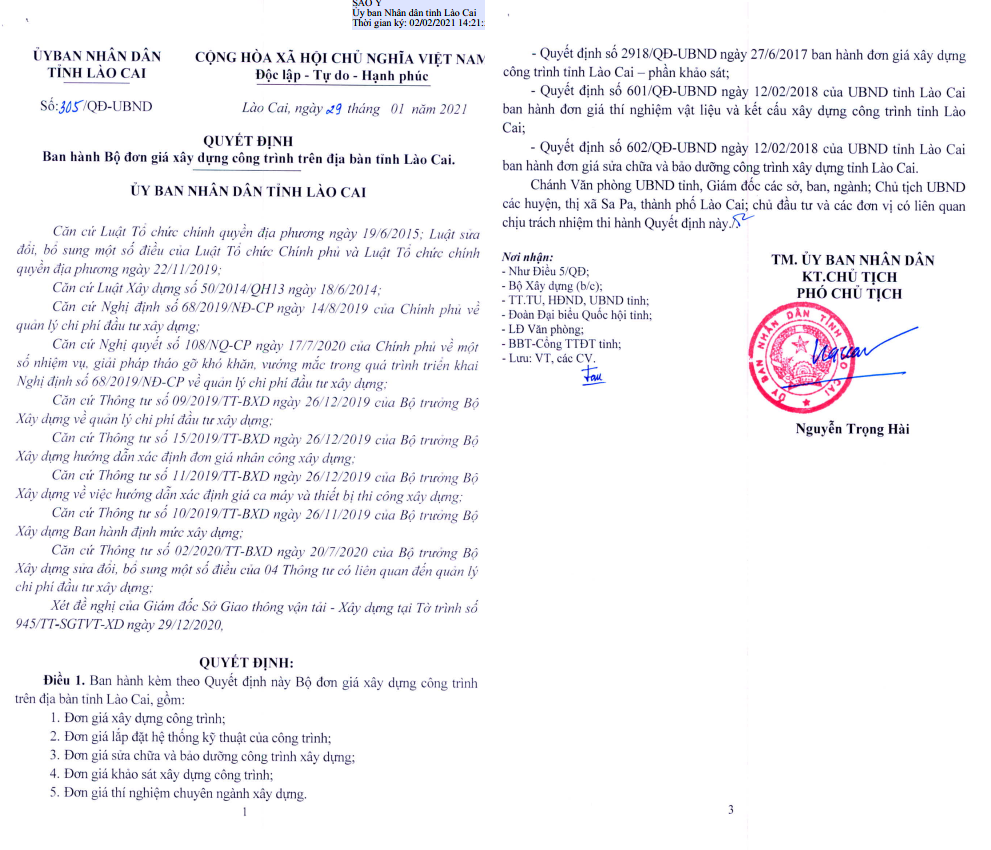 Ngày 29 tháng 01 năm 2021 Ủy ban nhân dân tỉnh Lào Cai ban hành Quyết định số 305/QĐ-UBND; ban hành Bộ đơn giá xây dựng công trình tỉnh Lào Cai năm 2021