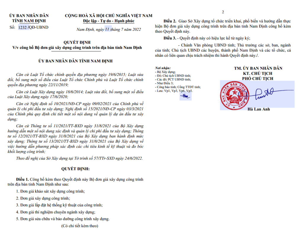 Bộ đơn giá xây dựng công trình tỉnh Nam Định năm 2022 theo Quyết định số 1232/QĐ-UBND